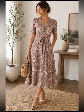 111 Louche London Verna Wildrose Floral Midi Dress XS US 4 Belted Button Front